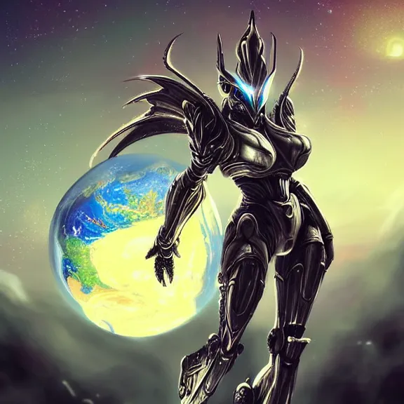 Image similar to giant stunning goddess shot, galactic sized beautiful hot anthropomorphic robot mecha female dragon, floating in space, larger than the planet, holding the earth in her arms, looming over earth, detailed sleek silver armor, epic proportions, epic scale, highly detailed digital art, sci fi, furry art, macro art, dragon art, goddess art, warframe fanart, destiny fanart, anthro, furry, giantess, macro, furaffinity, deviantart, 8k 3D realism