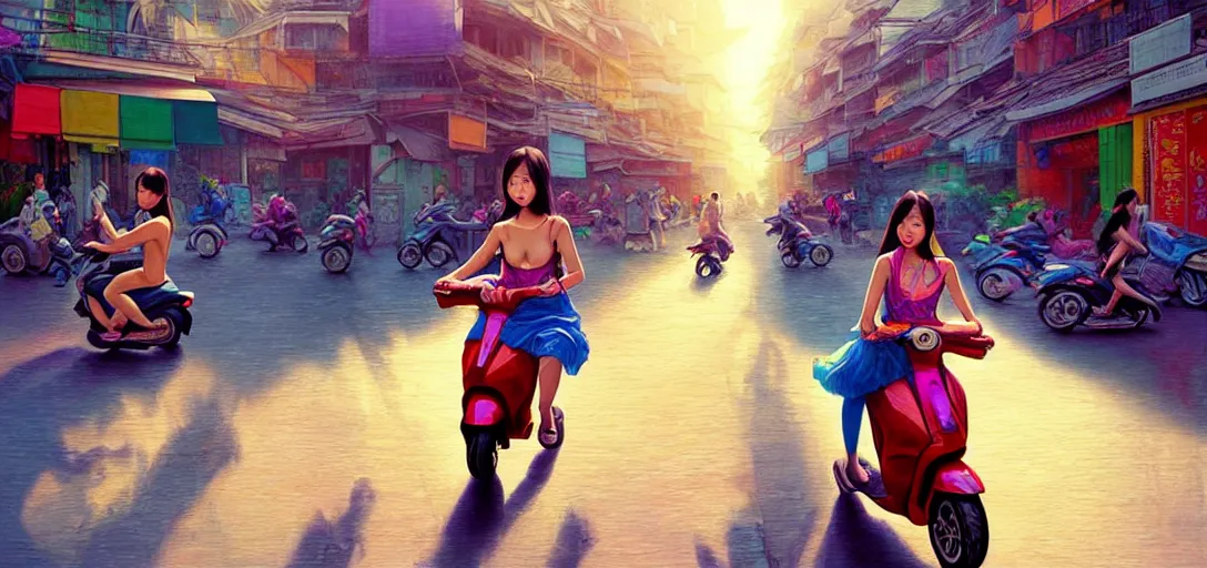 Image similar to a young asian girl, not wearing clothes, riding on the moped scooter, on the street of hanoi, digital illustration by ruan jia on artstation, colorful, rainbow, sunlight, soft lighting, insanely detailed and intricate, hypermaximalist, elegant, ornate, hyper realistic, super detailed, by akihito yoshida, by bob byerley