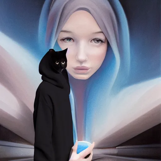 Prompt: a matte painting of a pale young girl in a black hoodie and black hair with a cat by frank lloyd wright and zaha hadid torch volume light stylized illustration digital airbrush painting, 3 d rim light, hyperrealistic masterpiece, artstation, cgsociety, kodakchrome, golden ratio