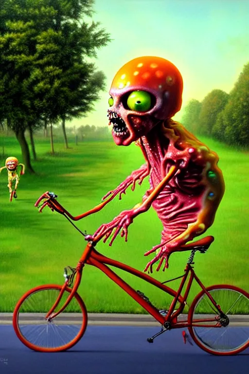 Image similar to a hyperrealistic painting of a translucent jelly zombie creature riding a bicycle through a suburban neighborhood on a sunny day, by chris cunningham and richard corben, highly detailed, vivid color,