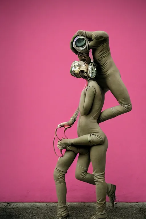 Prompt: a surreal portrait of intertwined and contorted figures wearing gas mask next to a pink wall in the style of brooke didonato, editorial fashion photography from vogue magazine, full shot, nikon d 8 1 0, ƒ / 2. 5, focal length : 8 5. 0 mm, exposure time : 1 / 8 0 0, iso : 2 0 0