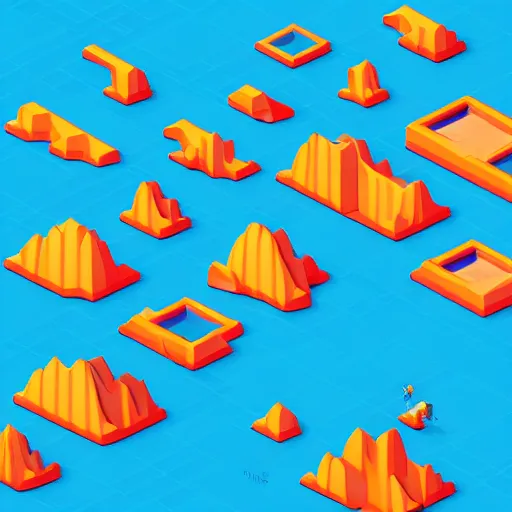 Image similar to an isometric colorful videogame world, epic mountains, azure ocean in the background, blocks