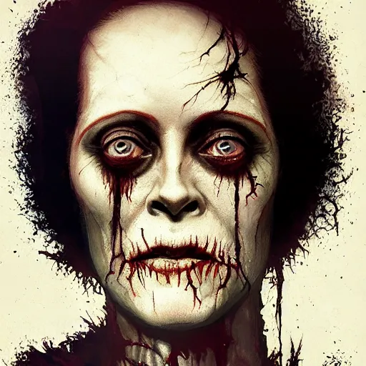 Image similar to color head portrait of sigourney weaver as a zombie, 7 days to die zombie, gritty background, fine art, award winning, intricate, elegant, sharp focus, cinematic lighting, digital painting, 8 k concept art, art by michael hussar, art by brom, art by guweiz and z. w. gu, 8 k