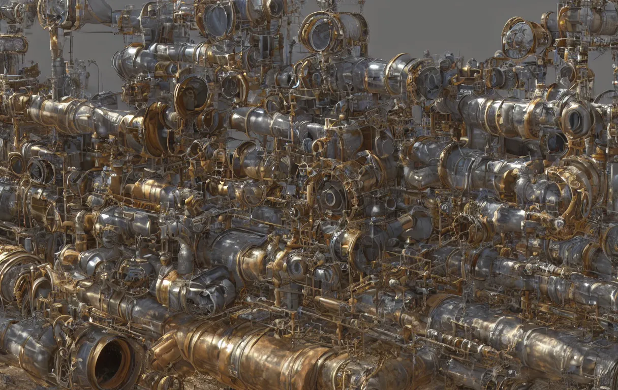 Image similar to realistic 3 d render of a steampunk pipeline with a single pipe going from the top left of the screen, to the top right, down, and going off in the bottom left of the screen