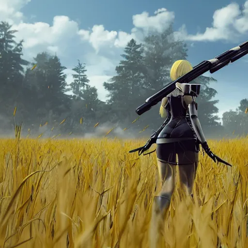 Prompt: a high resolution very detailed image of a 2 wielding a rocket launcher in russian tank boss fight from nier : automata in yellow rye field under pure blue skies