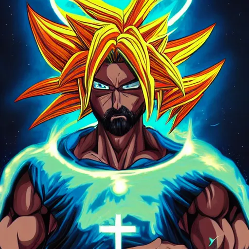 Image similar to Jesus as a super Saiyan. art by Dan Mumford and Peter Mohrbacher, painting, highly detailed, trending on ArtStationHQ
