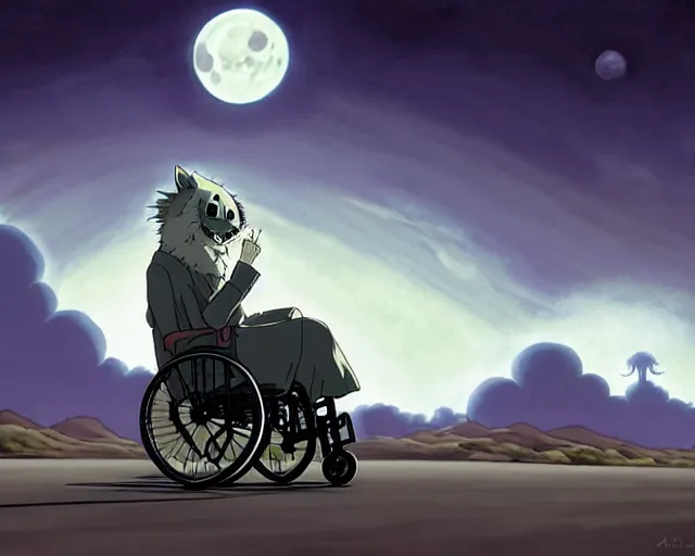 Image similar to a cell shaded cartoon grey lovecraftian wolfman in a wheelchair from howl's moving castle ( 2 0 0 4 ), with a big head, on a desert road, wide shot, in front of a big moon, muted colors, post grunge, studio ghibli, james jean, victor ngai, hq, deviantart, art by artgem