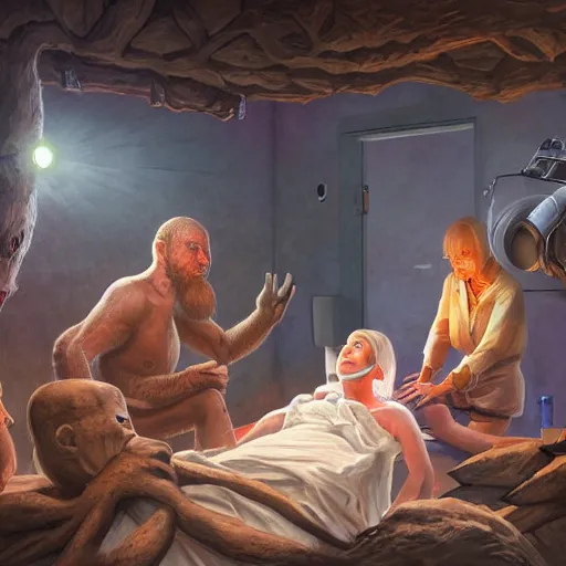 Image similar to primitive extraterrestrial villagers caring for severely injured butch blond woman at bedside, inside primitive hut, cinematic, worm's eye view, dramatic lighting, illustration, ron cobb, mike mignogna, science fiction, detailed painting, high detail, rough paper