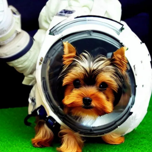 Image similar to A Yorkshire Terrier in a space suit, its face, smiling, clearly visible inside the helment /imagine https://discord.com/channels/1002292111942635562/1005628033945837620/1006191040228753459