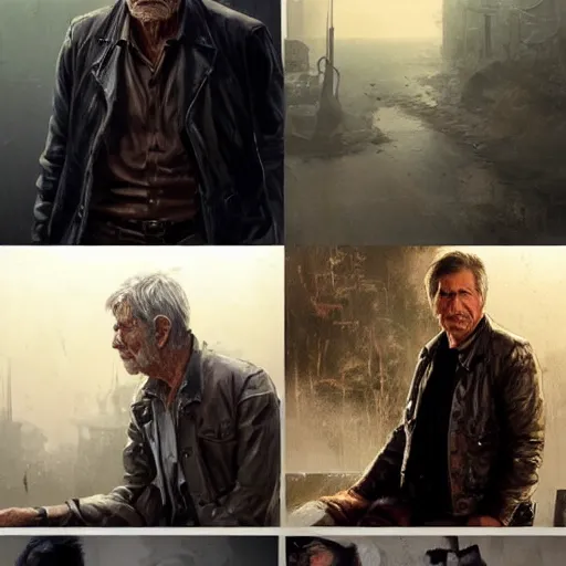 Image similar to a highly detailed epic cinematic concept art CG render digital painting artwork costume design: Harrison Ford, old scars, tired and drunk, in an old 1950s leather jacket. By Greg Rutkowski, Ilya Kuvshinov, WLOP, Stanley Artgerm Lau, Ruan Jia and Fenghua Zhong, trending on ArtStation, made in Maya, Blender and Photoshop, octane render, excellent composition, cinematic atmosphere, dynamic dramatic cinematic lighting, aesthetic, very inspirational, arthouse
