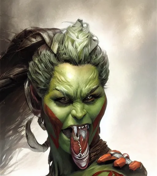 Prompt: a concept art painting of a female half - orc, art by karol bak and mark brooks and artgerm, centered, trending on artstation