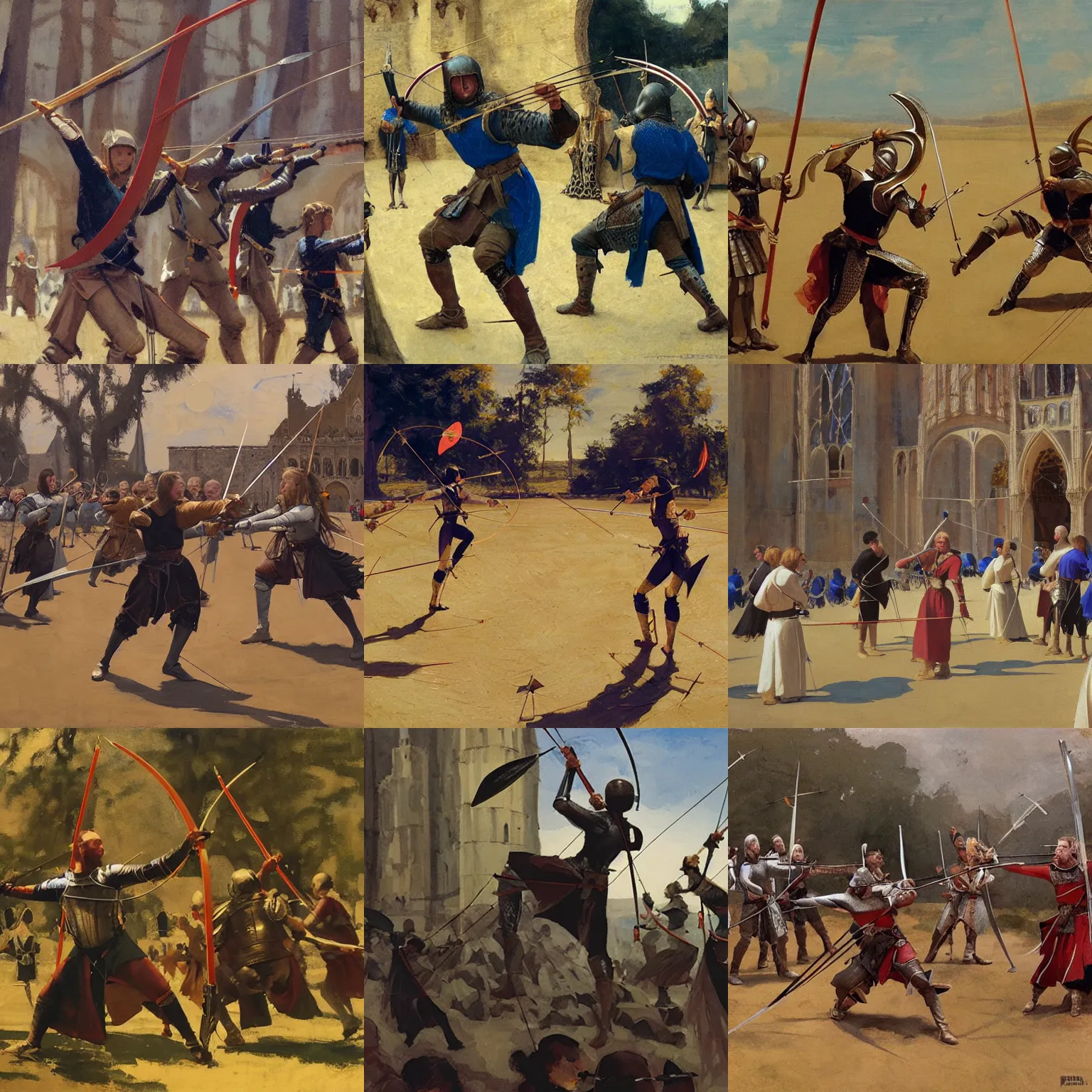 Prompt: medieval archery competition intricate, elegant, highly detailed, greg manchess, euan jia, jeffrey catherine jones, ridley scott, greg rutowski 1 0 2 4