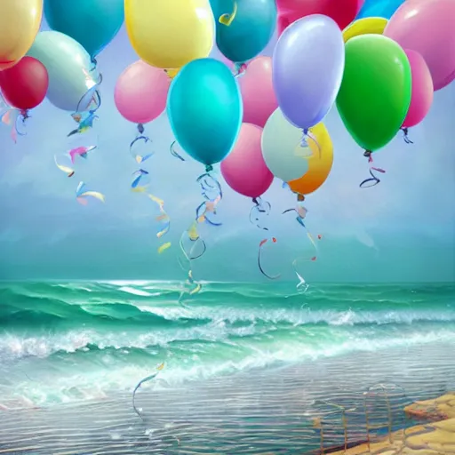 Image similar to plenty of floating birthday balloons. beautiful sea. digital art, highly - detailed, artstation cgsociety masterpiece