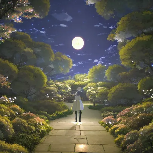 Image similar to a secret garden at night, moon, by makoto shinkai