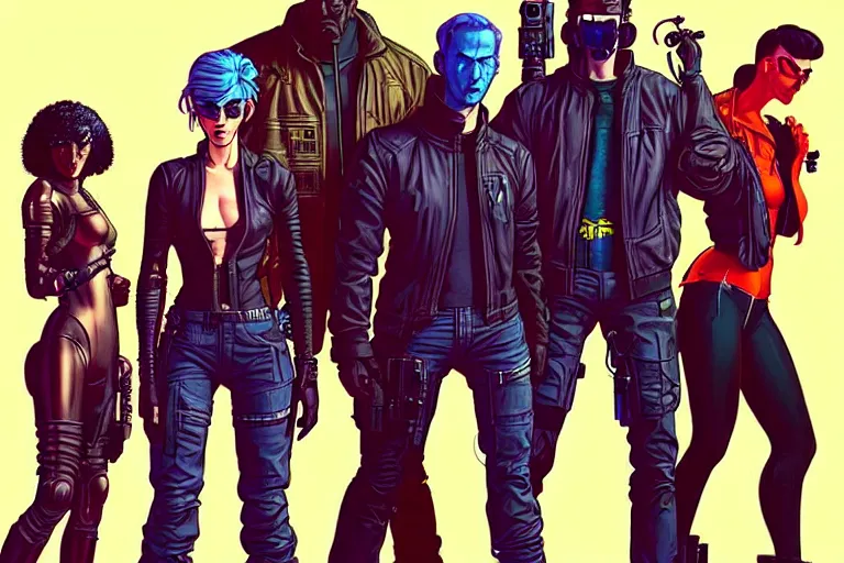 Image similar to cyberpunk heist crew. portrait by stonehouse and mœbius and will eisner and gil elvgren and pixar. character design. realistic proportions. dystopian. cyberpunk 2 0 7 7 character art, blade runner 2 0 4 9 concept art. cel shading. attractive face. thick lines. the team. detailed interesting characters.