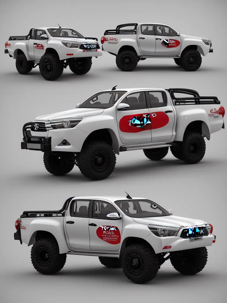 Image similar to i highly modified caricature toyota hilux, 3 d, trending on artstation, octane render, 8 k