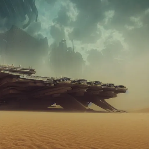 Image similar to cyberpunk cinematic scene of a wreckage of a gigantic stranded sci-fi aircraft carrier in the desert surrounded by dunes, quads and jeeps Madmax style. Haze and a sandstorm is gathering in the sky, gloomy mood, epic scene, hyperrealistic, intricate detail, photo-realistic. Cinematic and volumetric light. Epic concept art. Octane render and Unreal Engine