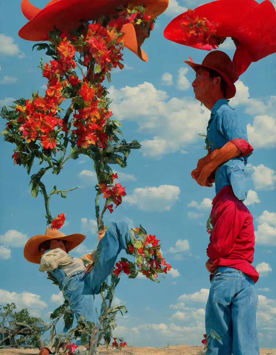 Image similar to a cowboy turning into blooms by slim aarons, by zhang kechun, by lynda benglis. tropical sea slugs, angular sharp tractor tires. complementary colors. warm soft volumetric light. national geographic. 8 k, rendered in octane, smooth gradients. greek sculpture of a manly cowboy by edward hopper and frank frazetta. red accents.