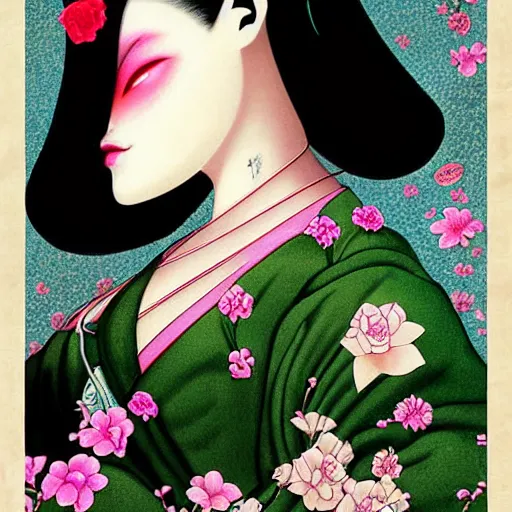 Image similar to digital painting of an pastle goth geisha by terese nielsen, mark ryden, amy sol in the style of, vintage shoujo, fantastic planet, 6 0 s poster art, minimalist poster art, flowers, stipple art, artgerm