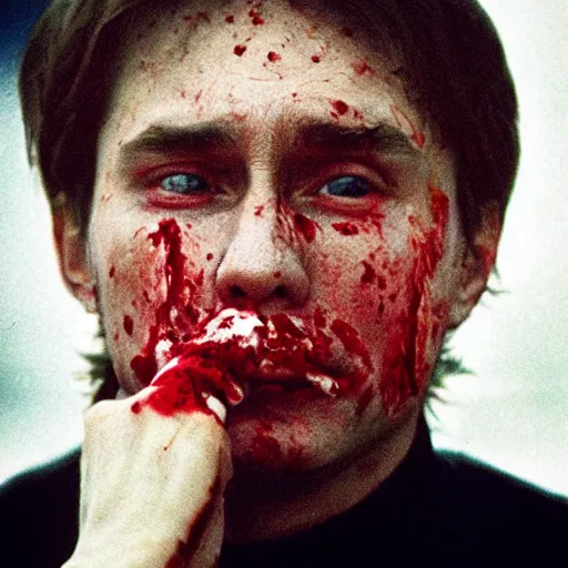 Prompt: photo of Putin with blood splatter on his face, cinestill, 800t, 35mm, full-HD