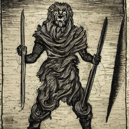 Prompt: One man who looks like a lion holding a sword of fire standing in a nuclear wasteland, highly detailed, photorealistic, medieval drawing H 768