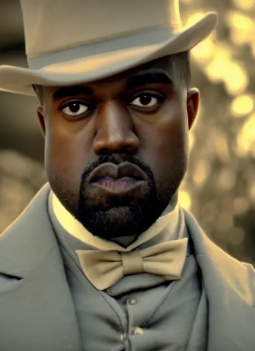 Image similar to portrait kanye west as willy wonka in django unchained, splash art, movie still, cinematic lighting, long lens, shallow depth of field, bokeh, anamorphic lens flare, 8 k, hyper detailed, 3 5 mm film grain