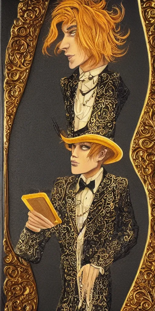 Image similar to beautiful detailed acrylic painting mystical mentalist man, has blond hair and a top hat. Wearing embroidered noble clothes. A small book with gold filigree in hand. Renaissance. Fantasy.