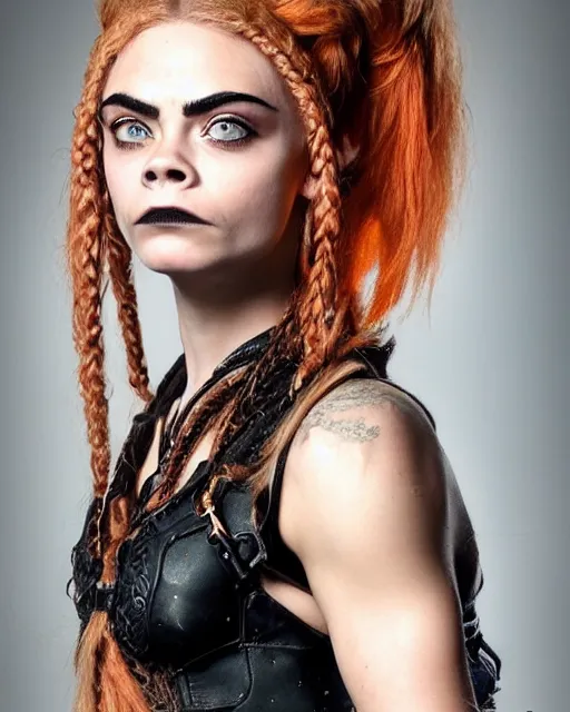 Prompt: fantasy character portrait photo. female dwarf. short, broad, extremely buff. broad face resembles cara delevingne but very squat. wide face, androgynous but pretty. elaborately braided orangepink hair. long sidebuns, downy cheeks. thick bushy groomed red eyebrows with multiple piercings. tan leather vest, bare bodybuilder shoulders. kohl, lipgloss