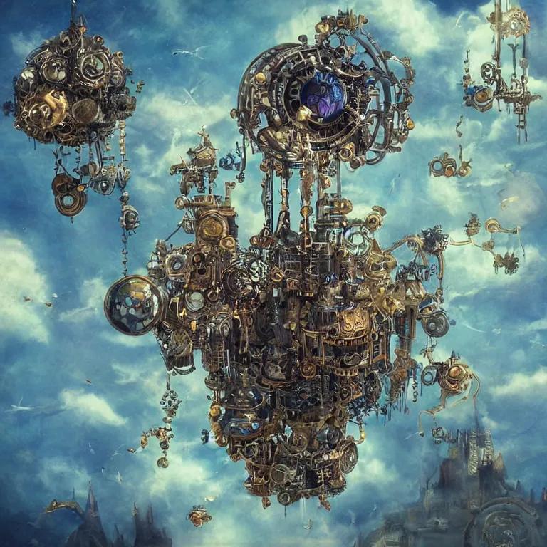 Image similar to flying city in a mechanical flower, sky!, fantasy art, steampunk, masterpiece, behrens style