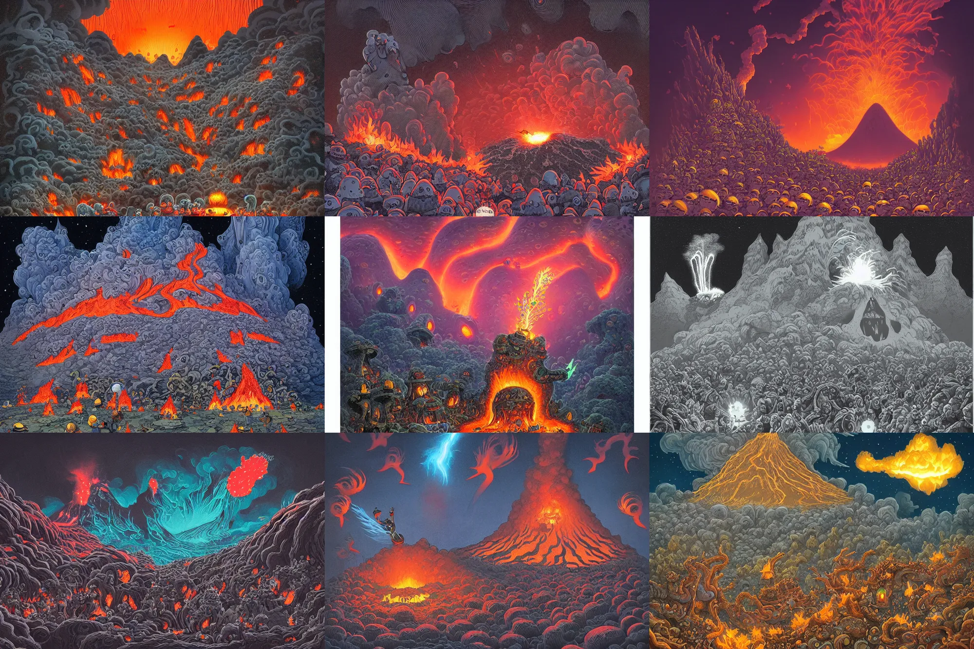 Prompt: a hoard of strange gnome like people struggling and grabbing for a very large pizza, in front of a volcano spewing lava and black smoke, from below, streams of glowing hot lava, flashes of lightning in the distance, wide shot, long shot, an ultrafine detailed painting by joe fenton, deviantart, pop surrealism, whimsical