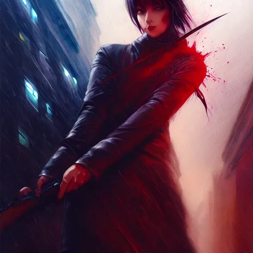 Image similar to edgy jrpg character holding bloodsword, hyperrealistic portrait, bladerunner street, by karol bak and agnes cecile, fantasy art, photo realistic, dynamic lighting, artstation, poster, volumetric lighting, very detailed face, 8 k, award winning