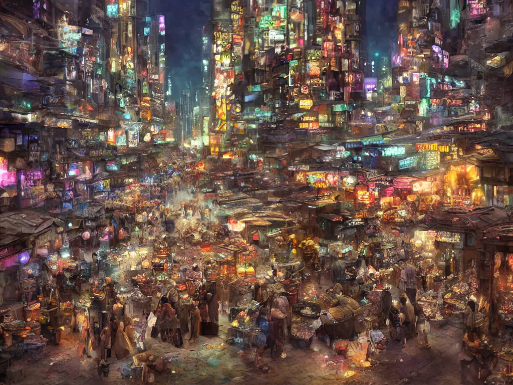 Prompt: matte painting, a solemn night, defied by spirit, pulse, and flow, the vibrant echoes of the market, drifters, traders, collectors, and travelers, within radiate connection, forming an oasis of vivid lights within the shallow city, night, ultradetailed, crowded people, huts, stores, close up, artistic style, eye level shot, cyberpunk style, blue, realism, by Carl Gustaf Hellqvist and Noriyoshi Ohrai