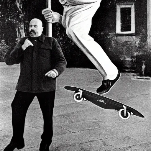 Image similar to lenin doing a kickflip with a skate