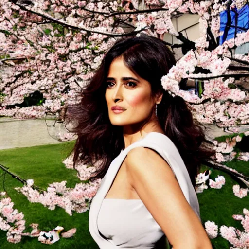 Image similar to fashion pose of salma hayek by stefan kostic, perfect symetry, realistic, body shot, sharp focus, 8 k high definition, insanely detailed, intricate, elegant, cherry blossoms