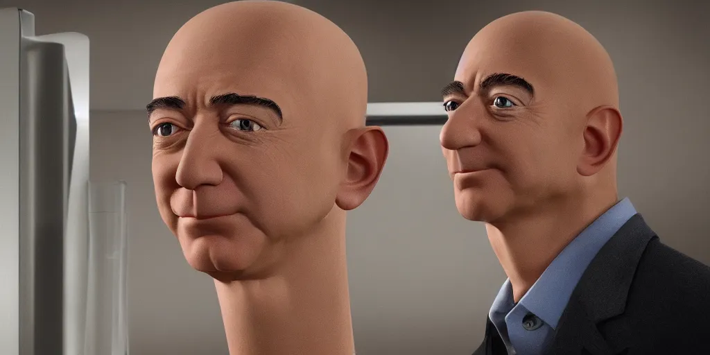 Image similar to jeff bezos's head in one of those jar things from futurama