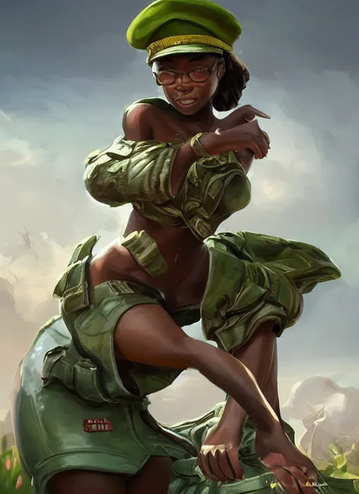 Prompt: a highly detailed illustration of cute african girl wearing military uniform and green officer cap riding!!! on giant dog!!!, dramatic standing pose, perfect face, intricate, elegant, highly detailed, centered, digital painting, artstation, concept art, smooth, sharp focus, league of legends concept art, wlop