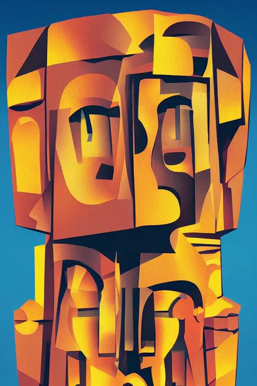 Image similar to cubist moai statue cutout digital illustration cartoon colorful beeple