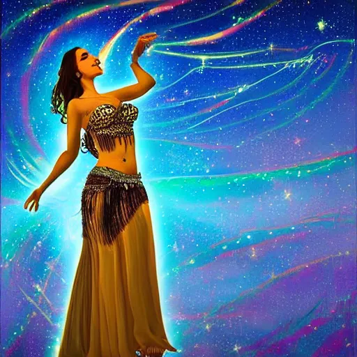 Image similar to Belly dancer looking at a starry sky, epic, digital art, highly detailed, soft light