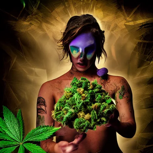 Image similar to personification of marijuana, award winning professional photography, epic high fantasy, high times, 8 k