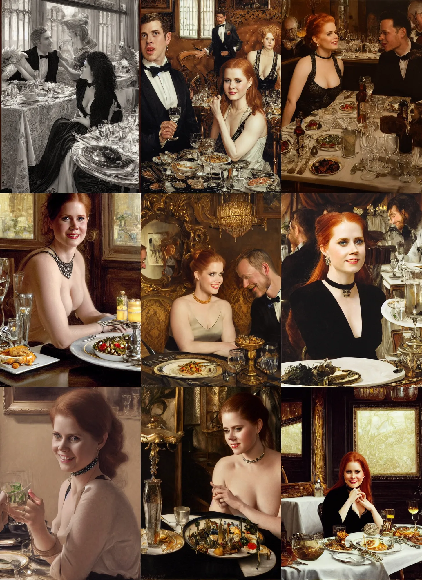 Prompt: dinner with amy adams smiling sitting across the camera wearing a black choker staring into the camera in an expensive private restaurant, 1 9 7 0, intricate, elegant, tasteful, highly detailed, shallow depth of field, artgerm, donato giancola, joseph christian leyendecker