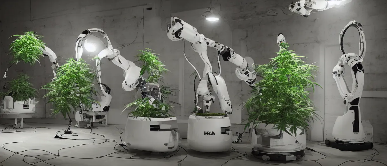 Image similar to three large white glossy kuka industrial robot harvesting a cannabis micro growery inside a fancy living room with retro modern furniture and decor, global illumination, artstation, fantasy, volumetric light