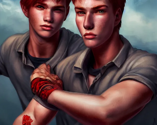 Image similar to portrait stocky of 1 9 - year - old male twins with red hair and freckles, two male, wearing shirts,, hyper realistic face, beautiful eyes, character art, art by mark brooks, hyperdetailed, cryengine, trending on artstation, digital art