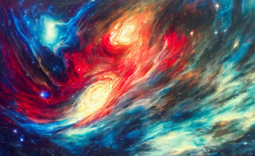 Image similar to an oil painting of a beautiful space nebula, red and blue; hyper-detailed; an extraordinary masterpiece!!!; flawless; trending on artstation