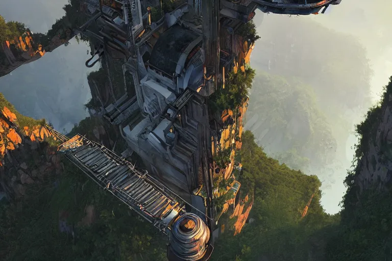 Prompt: A mechanical cathedral on the side of a cliff, portal 2 screenshot, satisfactory screenshot, digital art, artstationhq, by Charles Sheeler and Jordan Grimmer and Victor Mosquera