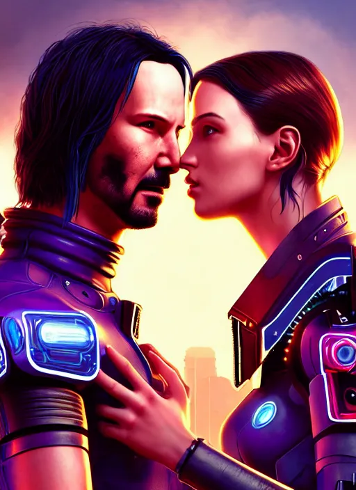 Image similar to a cyberpunk 2077 couple portrait of Keanu Reeves&female android in kiss,love,film lighting,by Laurie Greasley,Lawrence Alma-Tadema,Dan Mumford,artstation,deviantart,FAN ART,full of color,Digital painting,face enhance,highly detailed,8K,octane,golden ratio,cinematic lighting