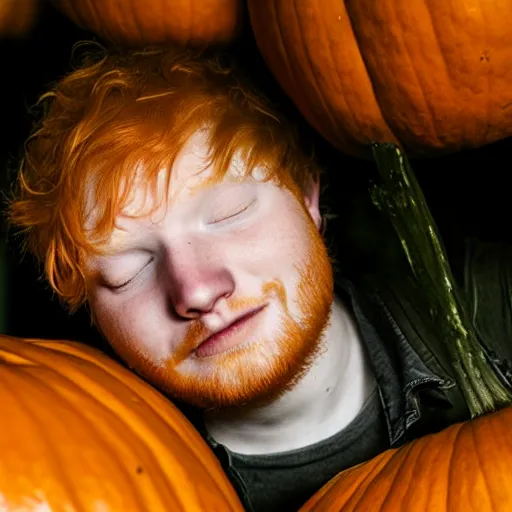 Prompt: Ed Sheeran crying trapped inside a pumpkin