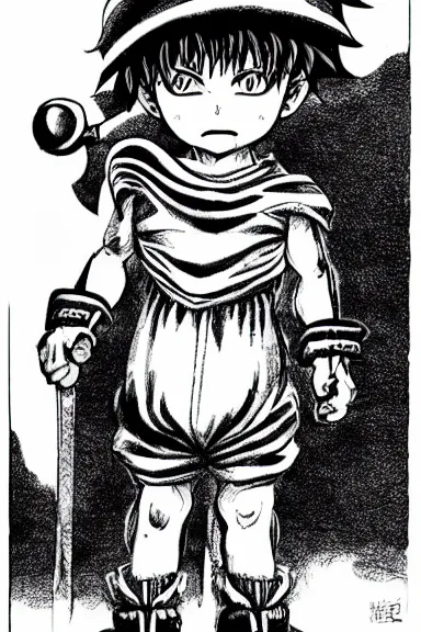 Prompt: attractive salvage little boy in lion suit, black and white artwork made by kentaro miura and yoshihiro togashi