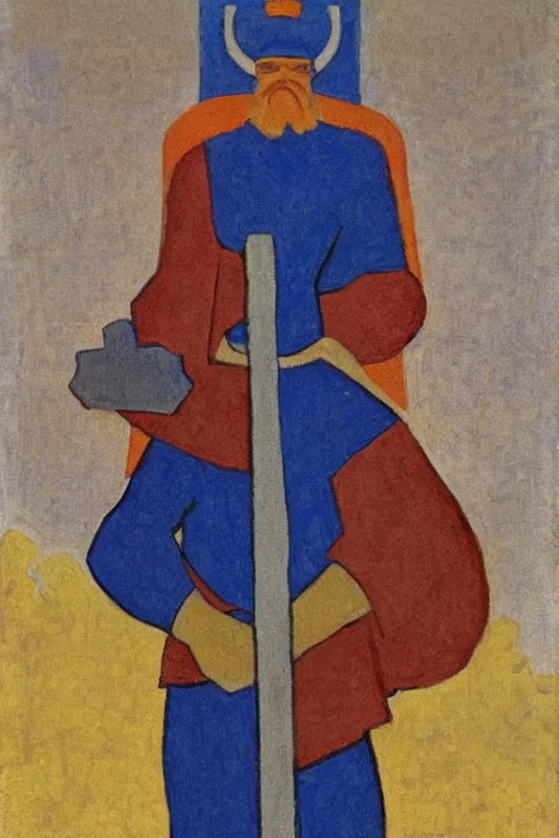 Image similar to thor holding the hammer, marvel, artwork by nicholas roerich,