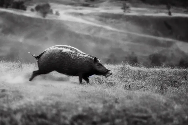 Image similar to a wild hog charging at us from the hill, cinematic imax shot, monochromatic retro, hyper detailed, windy, motion still