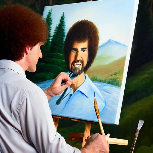 Image similar to a closeup photorealistic photograph of bob ross holding a paintbrush and diligently finishing a canvas painting of tom cruise. mountains and trees. film still. brightly lit scene. this 4 k hd image is trending on artstation, featured on behance, well - rendered, extra crisp, features intricate detail, epic composition and the style of unreal engine.
